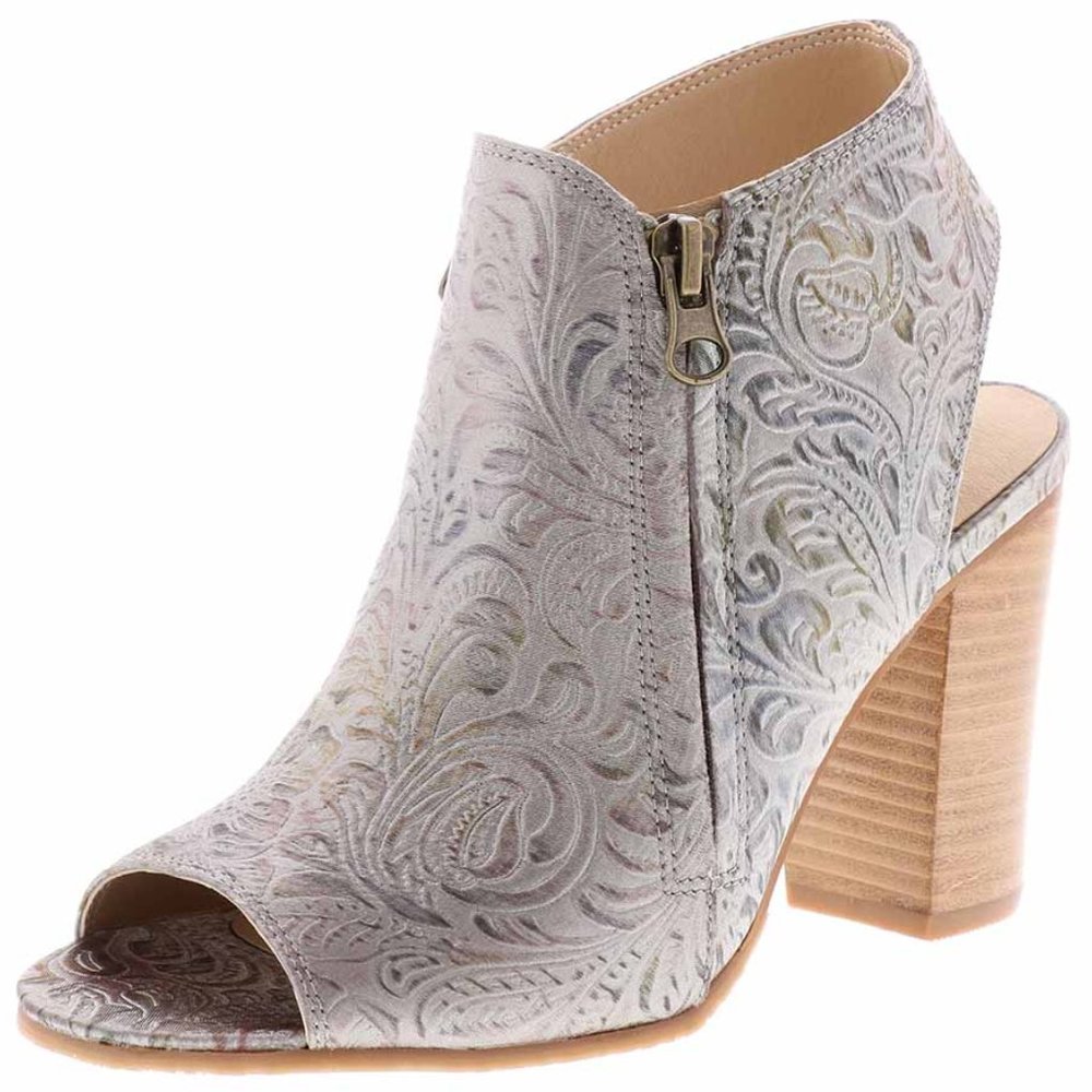 Sbicca Silver Floral Embossed Heels w/ Wooden Heel